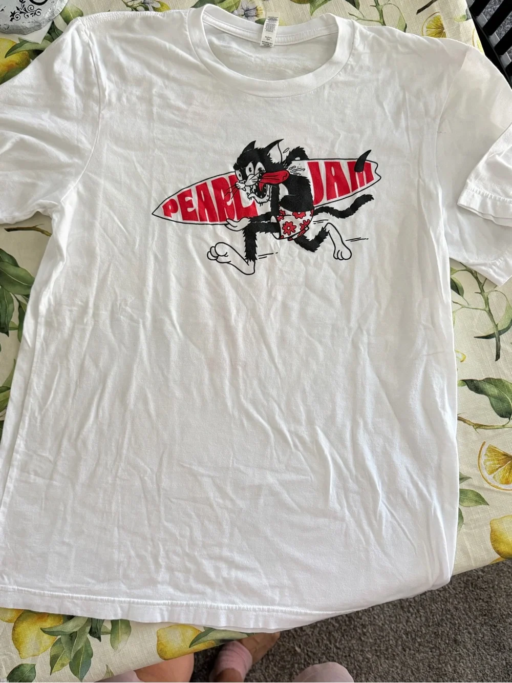Pearl Jam White Tee with Red & Black Surfing Cat Graphic
